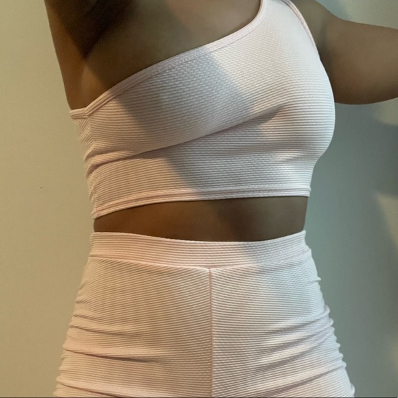 PLT Shape Baby Pink Crinkle One Shoulder Crop Top and Bike Shorts Set. - Picture 3 of 4